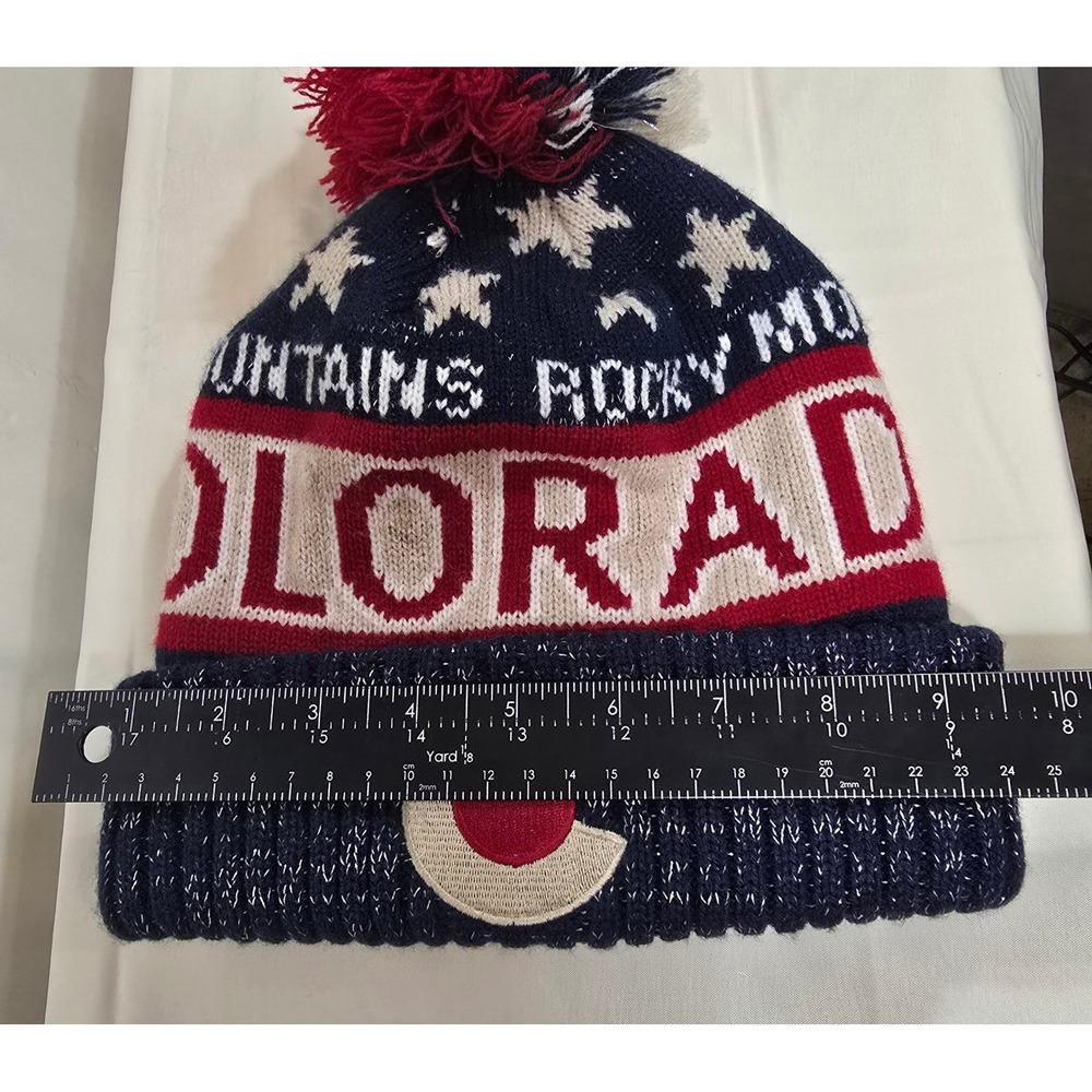 Robin Ruth Colorado Rocky Mountains Beanie‎ Pom Pom Knit Hat Navy Blue - Picture 6 of 7